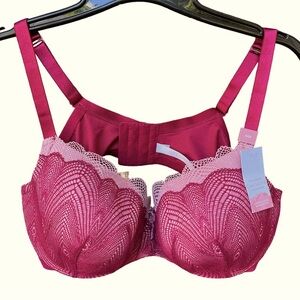 Cacique Lightly Lined Balconette Lacey Bra In Burgundy & Pink NWT Sz 46D
